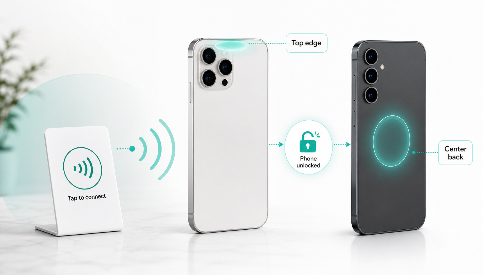 Illustration showing NFC tap placement near the top edge of one phone and center back of another phone