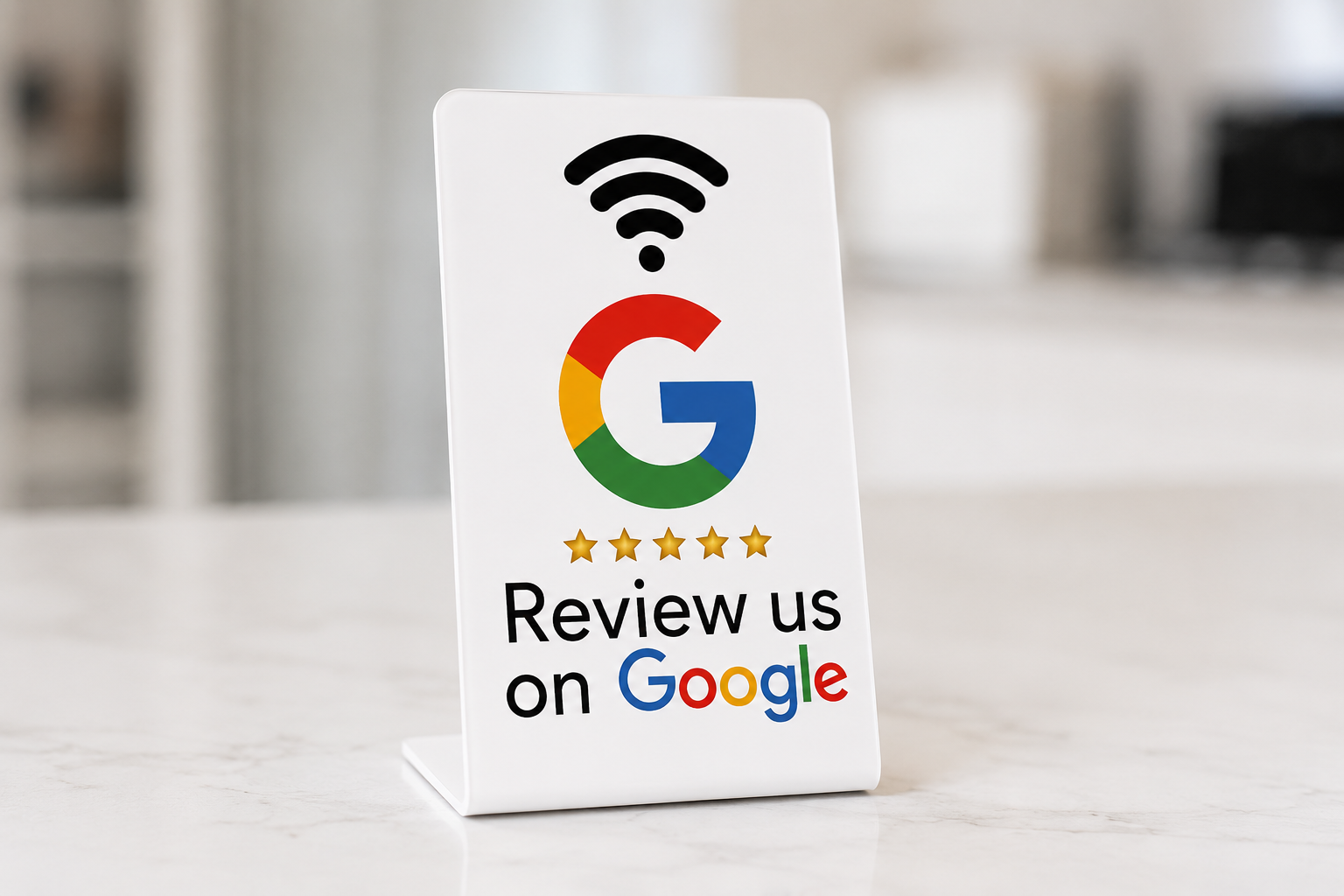 Link Tap NFC review stand on a counter